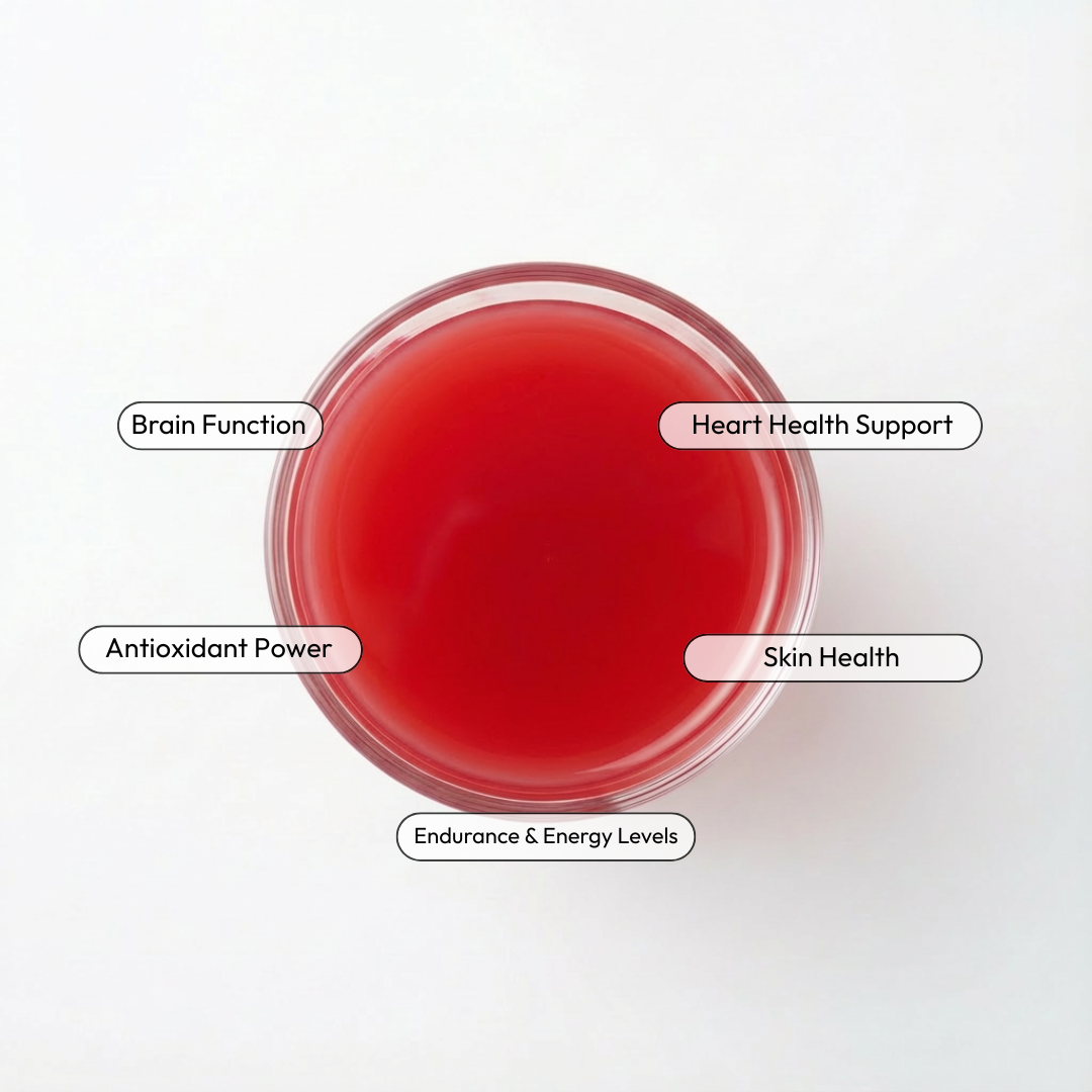 Blast Reds superfoods liquid in a glass with benefits in the background