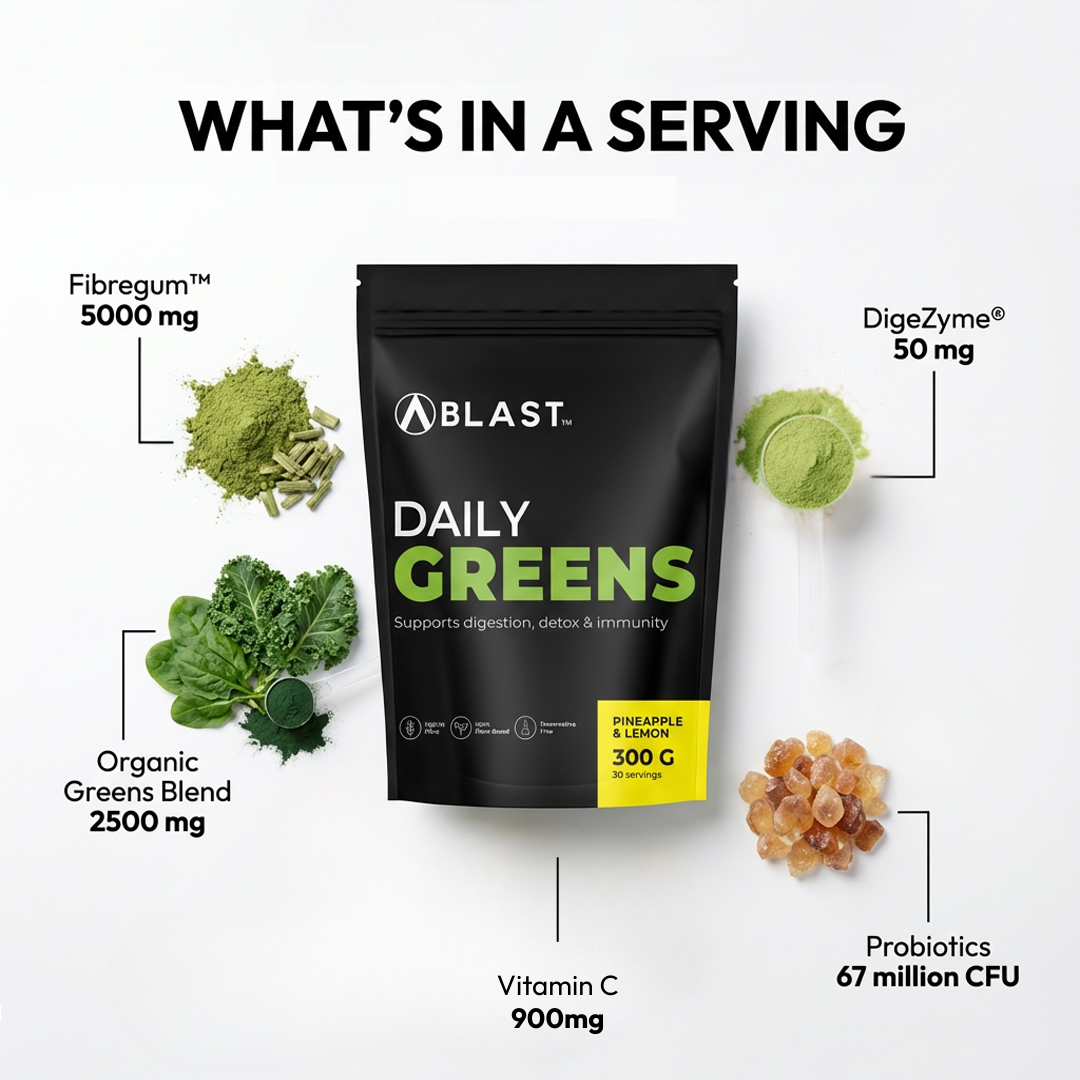 Blast Daily Greens package with ingredients listed on a white background