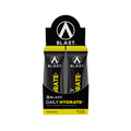 Display of Blast Daily Hydrate+ sachets in a carton with a black and yellow design on a white background.