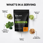 Blast Daily Greens supplement package with ingredients listed on a white background