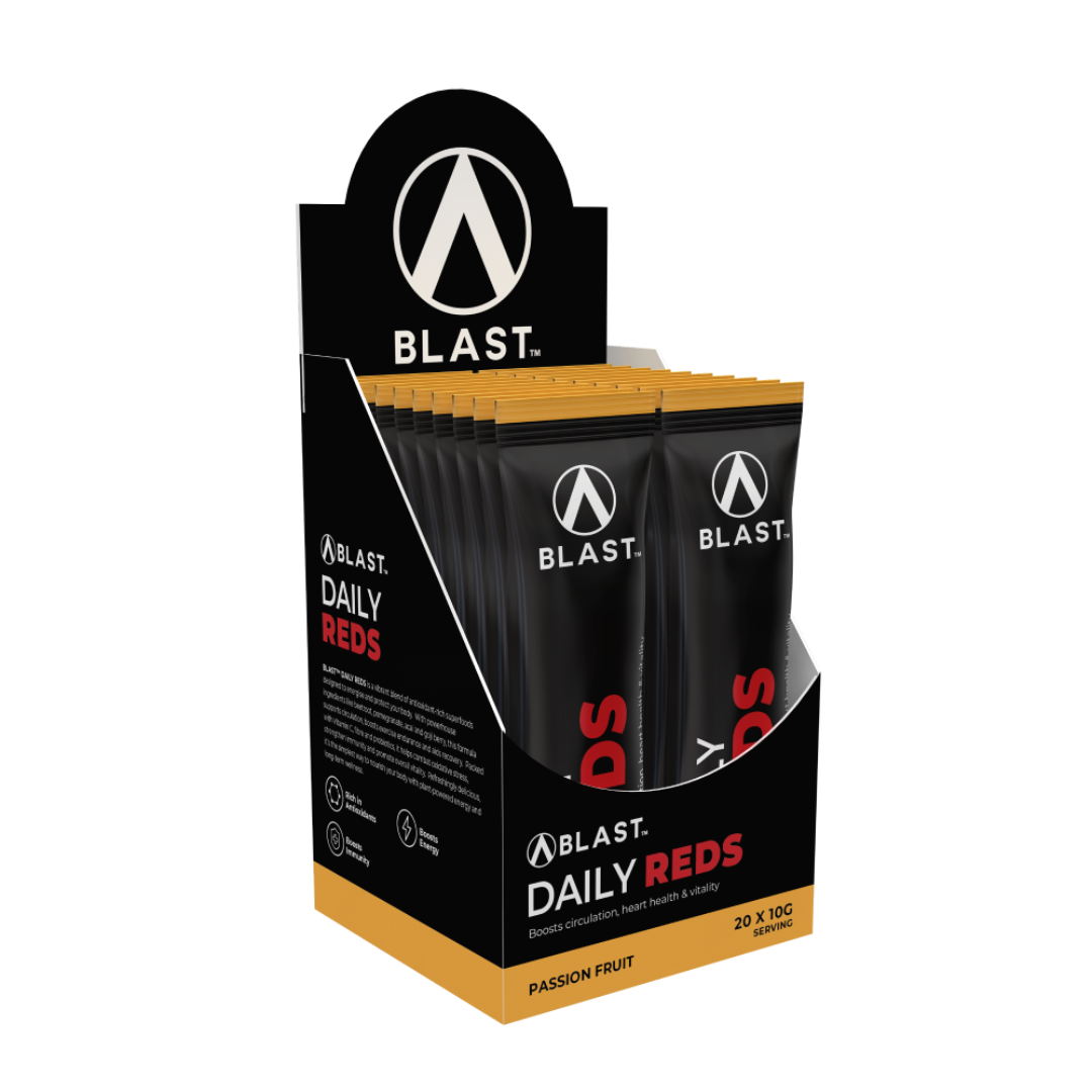 Display box of Blast Daily Reds with black packaging and white logo on a white background