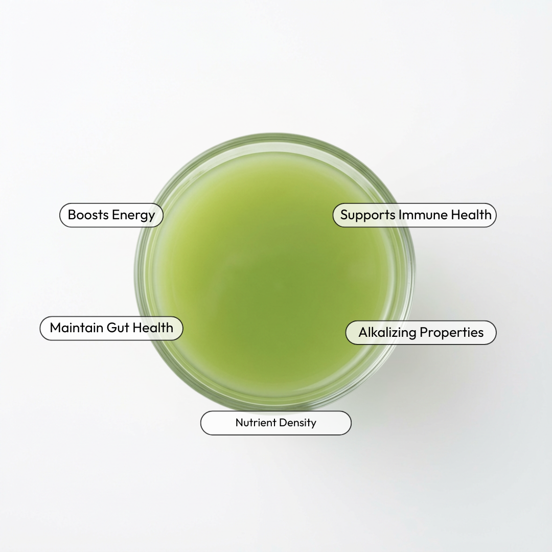 Blast Daily Greens liquid in a glass container with health benefits listed on a white background