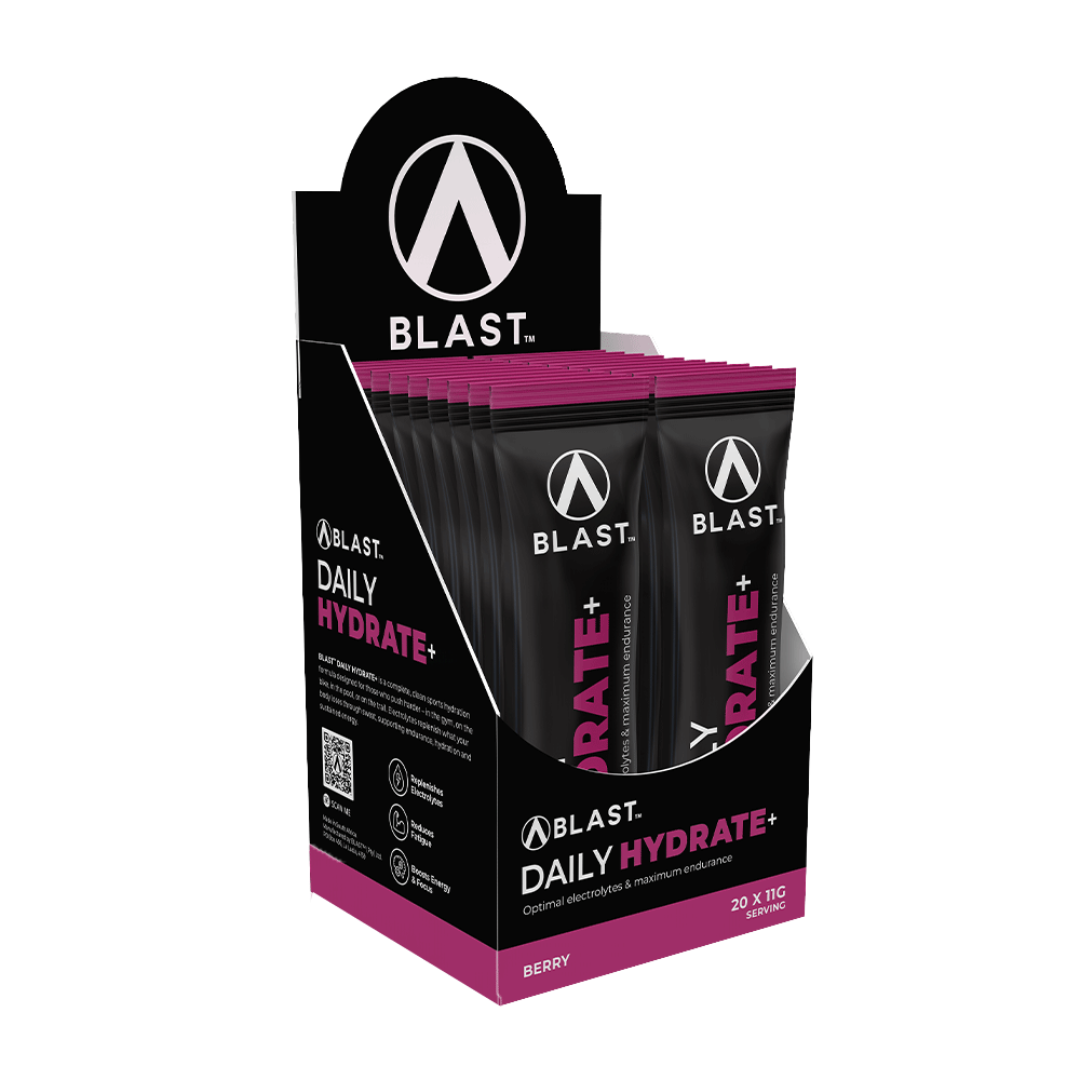 Display box of Blast Daily Hydrate packets on a white background