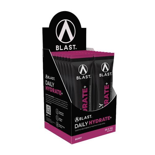 Display box of Blast Daily Hydrate packets on a white background