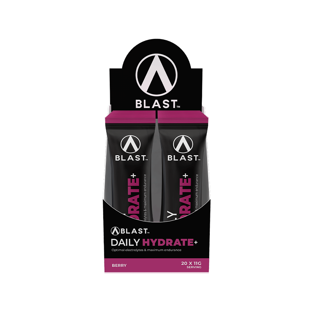 Display of Blast Daily Hydrate+ sachets in a carton with a visible brand logo on a white background