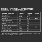 Nutritional information table for Blast Vitality Protein powder on a black background
