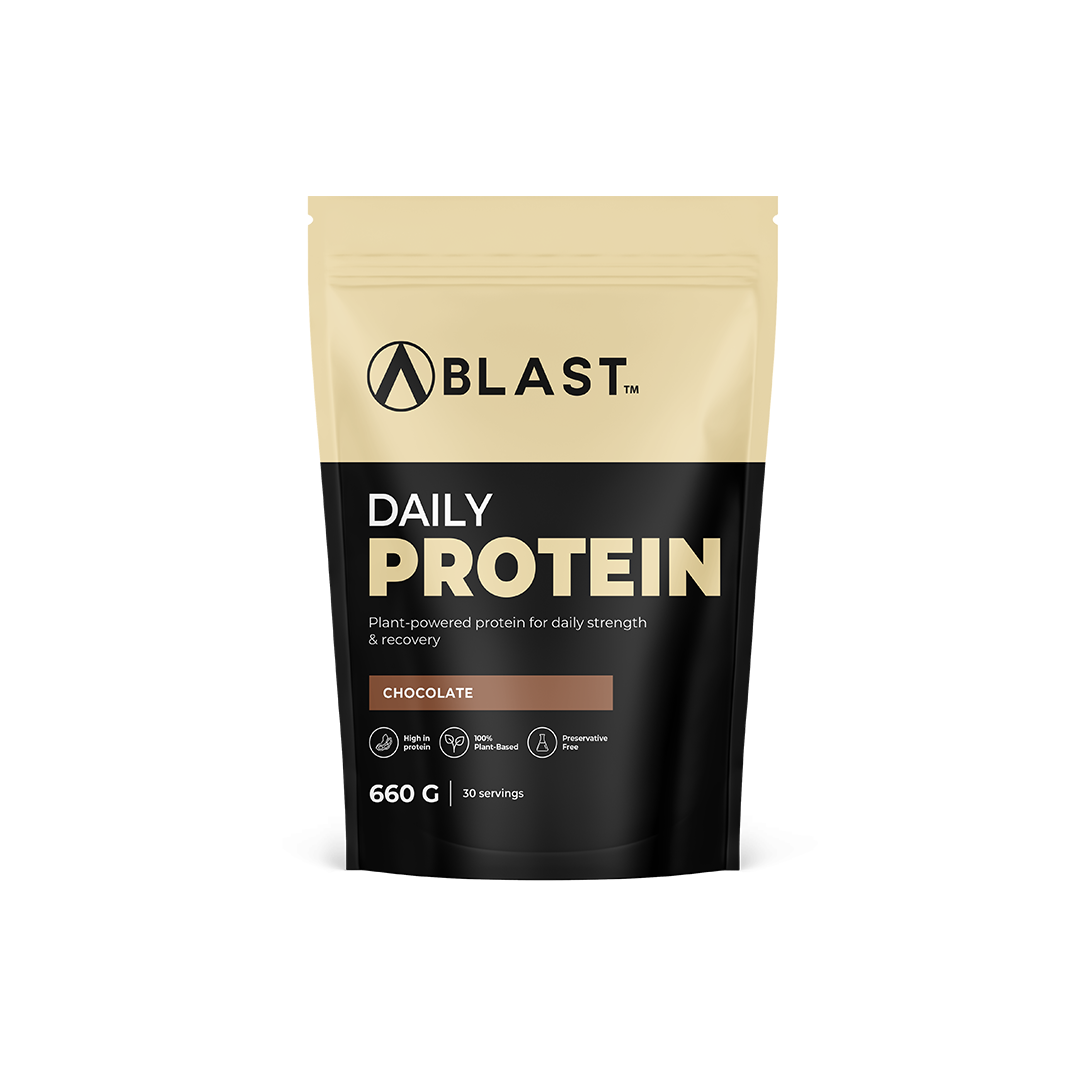 Blast Protein powder package with plant-based branding on a white background