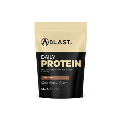 Blast Protein powder package with plant-based branding on a white background