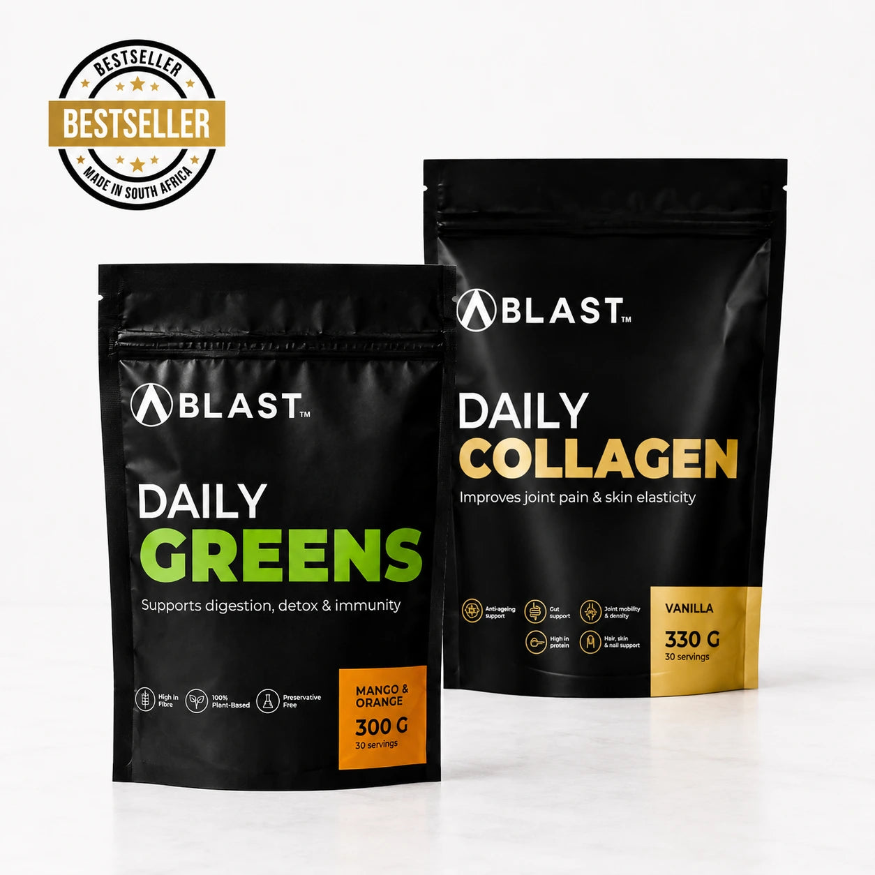 Glow stack Greens & Collagen powder.  Blast Vitality Bestsellers.