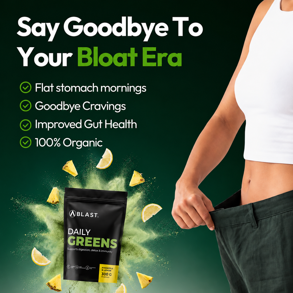 Advertisement for a daily greens supplement with a person holding out pants, showing flat stomach mornings and improved gut health.