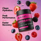 Blast Hydrate supplement container with berries on a pink background