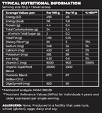 Nutritional information table for a product with serving size and per 10g values.