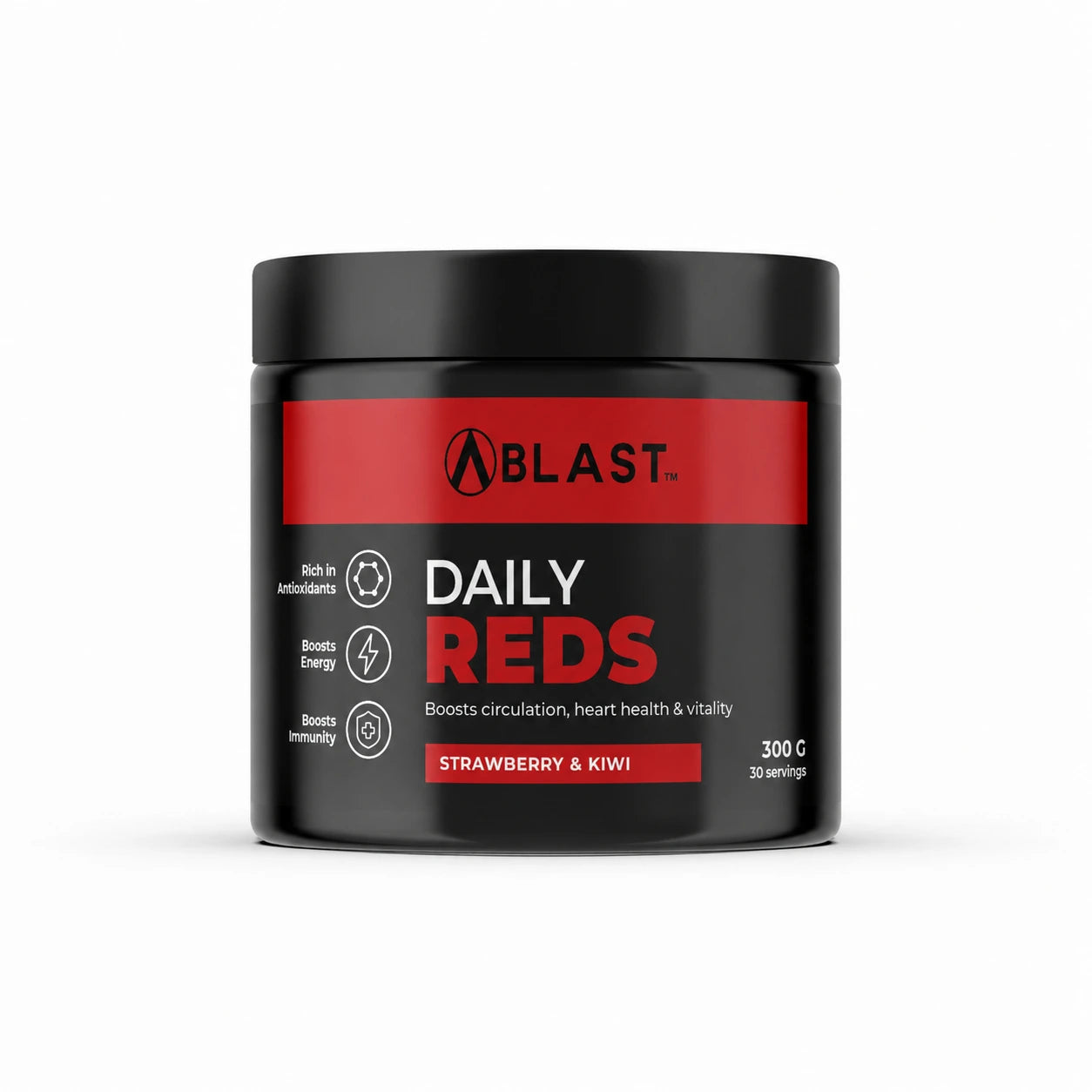 A black plastic jar of BLAST Daily Reds supplement powder with a red and white label, set against a plain white background.