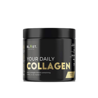 Black container of ’Your Daily Collagen’ supplement powder by BLAST.