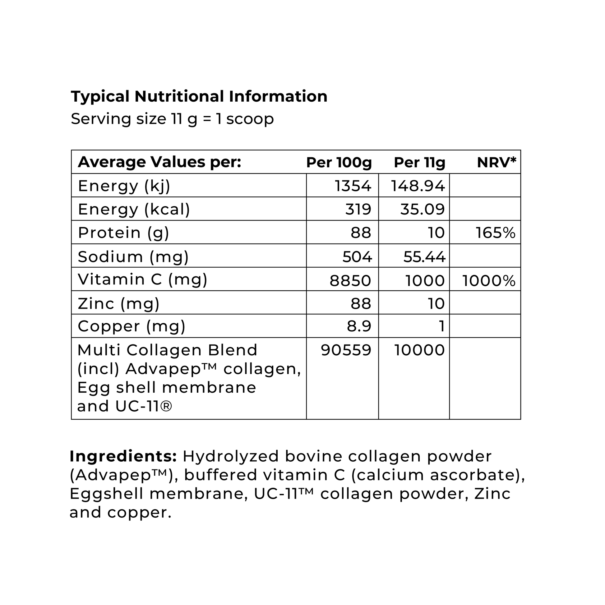 Nutritional information label showing ingredients and values for a collagen supplement.