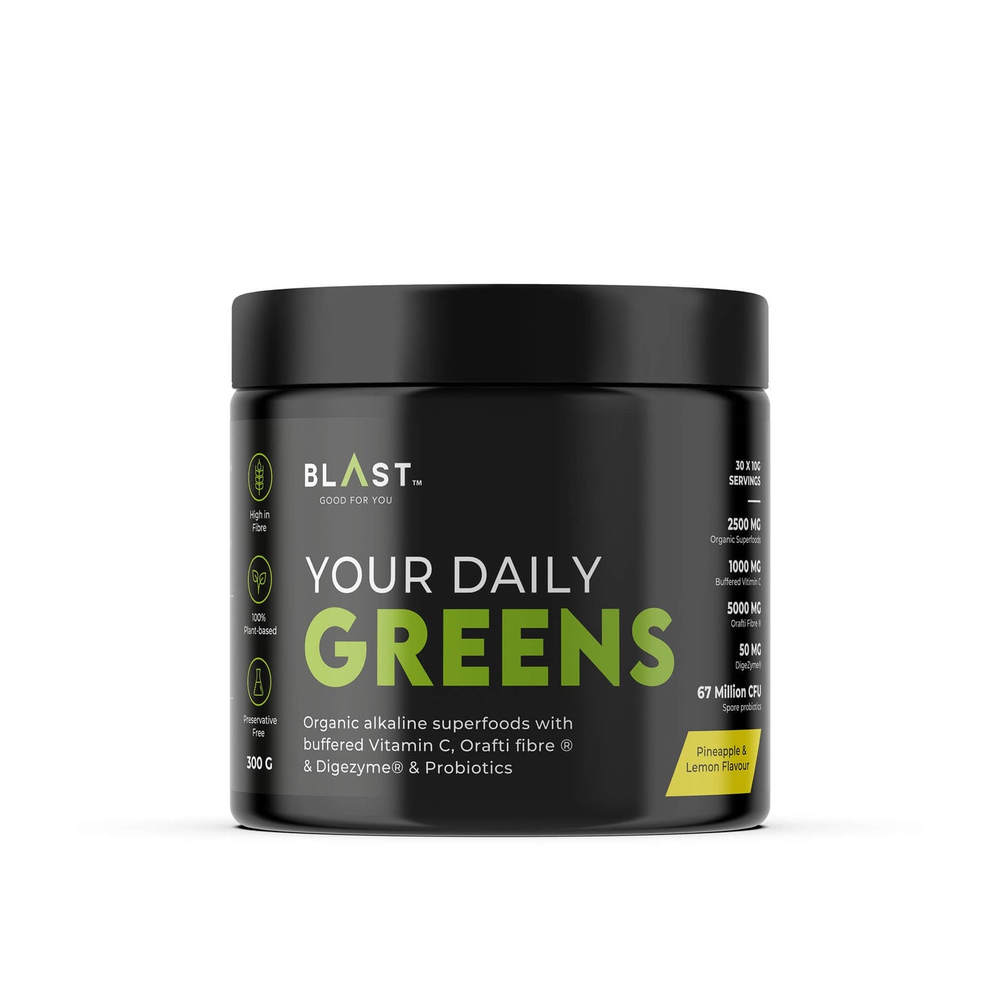 Black container of ’Your Daily Greens’ superfood supplement powder from BLAST.