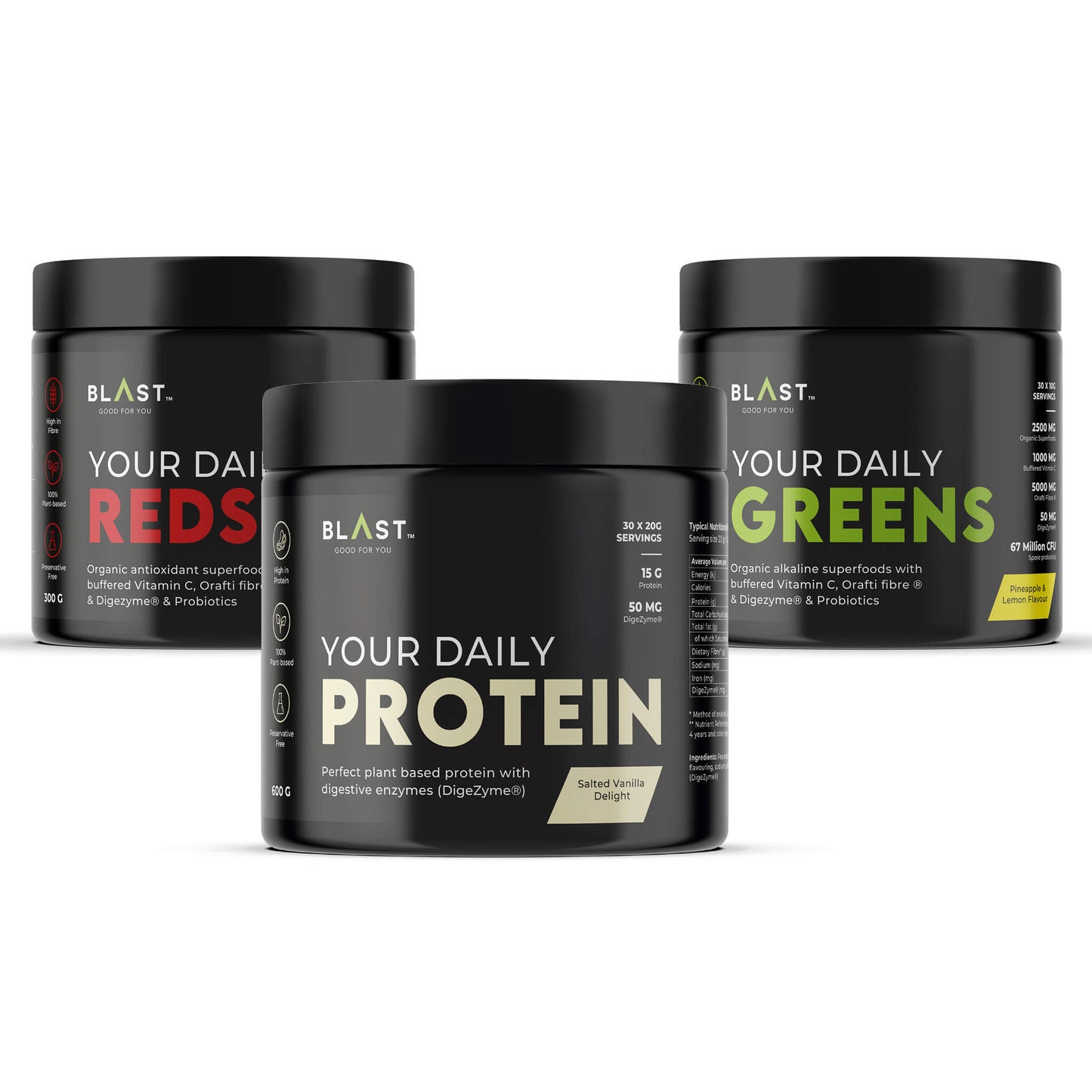 Three black supplement containers labeled ’Your Daily Reds,’ ’Your Daily Protein,’ and ’Your Daily Greens’ from the BLAST brand.