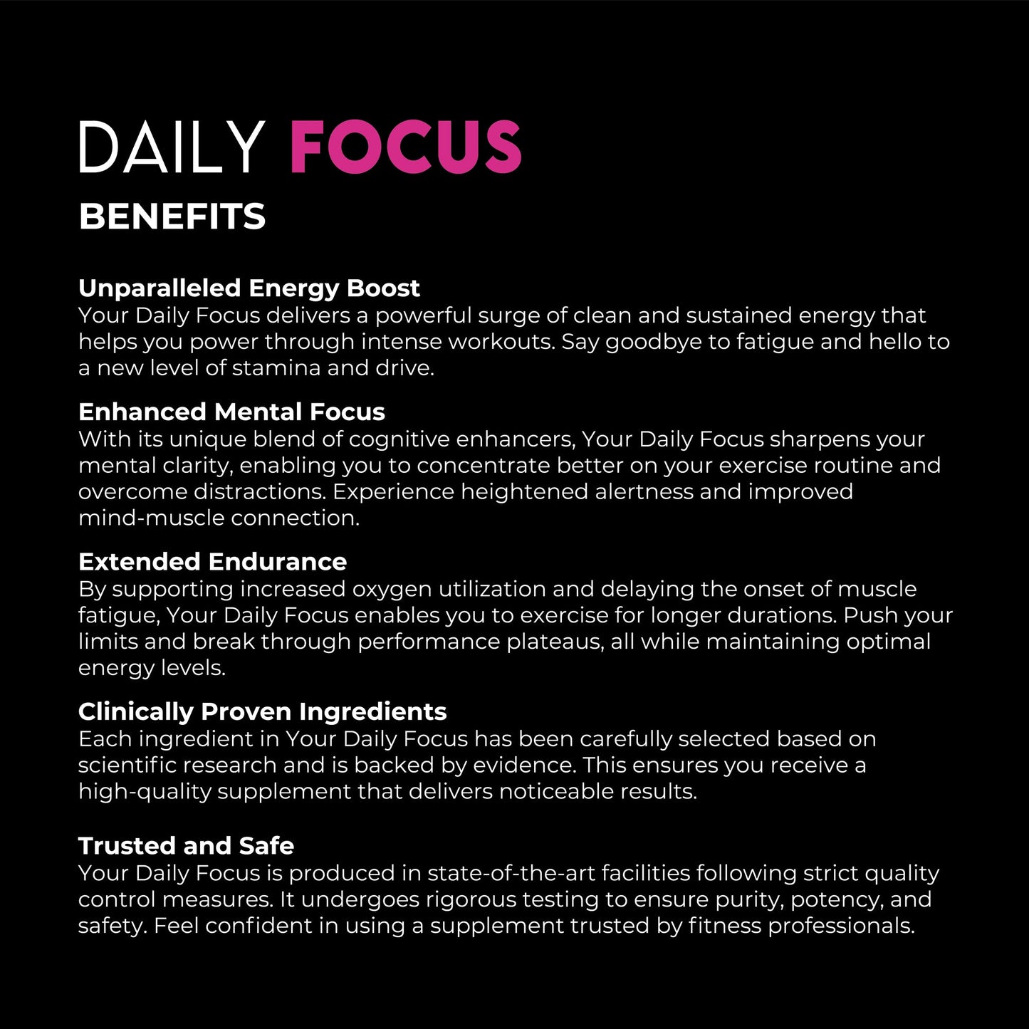 Product information panel listing benefits and features of a supplement called ’Daily Focus’