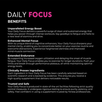 Product information panel listing benefits and features of a supplement called ’Daily Focus’