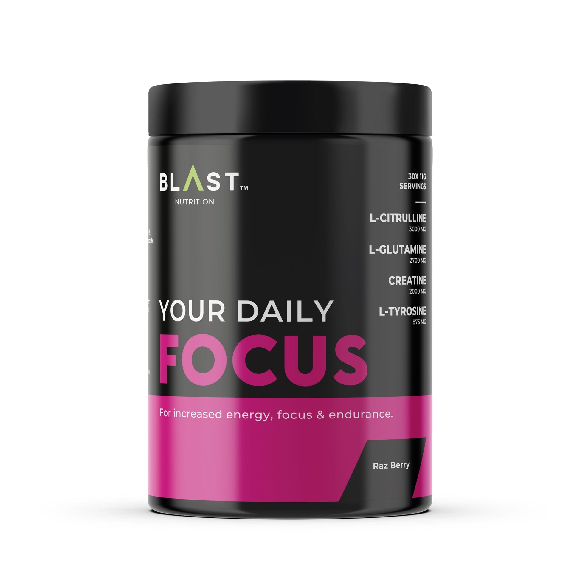 Black and pink supplement container labeled ’Your Daily Focus’ by BLAST.