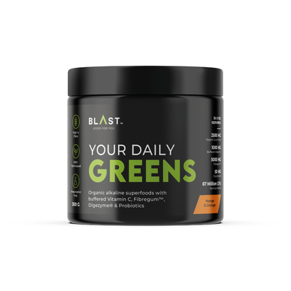 Black container of ’Your Daily Greens’ superfood supplement powder by BLAST.