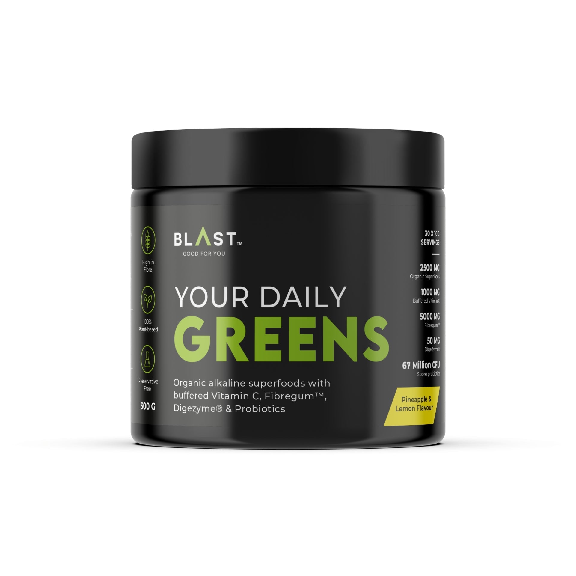 Black container of ’Your Daily Greens’ superfood supplement powder by BLAST.