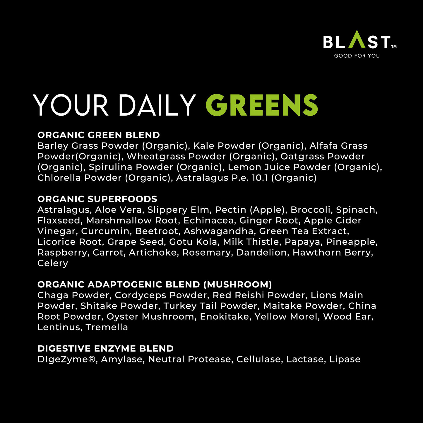 Product label showing ingredients for a daily greens supplement powder.