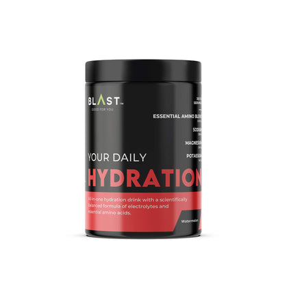 Black cylindrical supplement container with red and white text labeled ’Your Daily Hydration’ by BLAST.