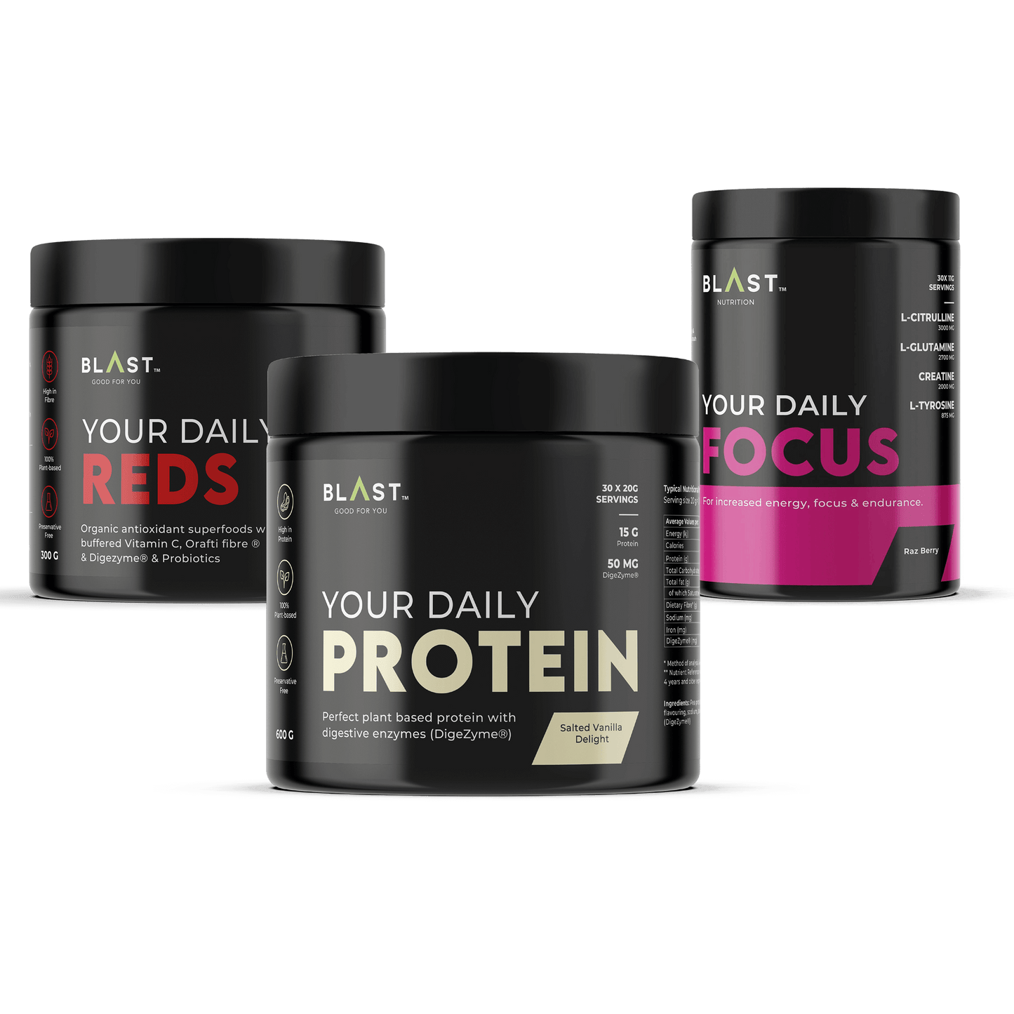 Three black supplement containers labeled ’Your Daily Reds,’ ’Your Daily Protein,’ and ’Your Daily Focus.’