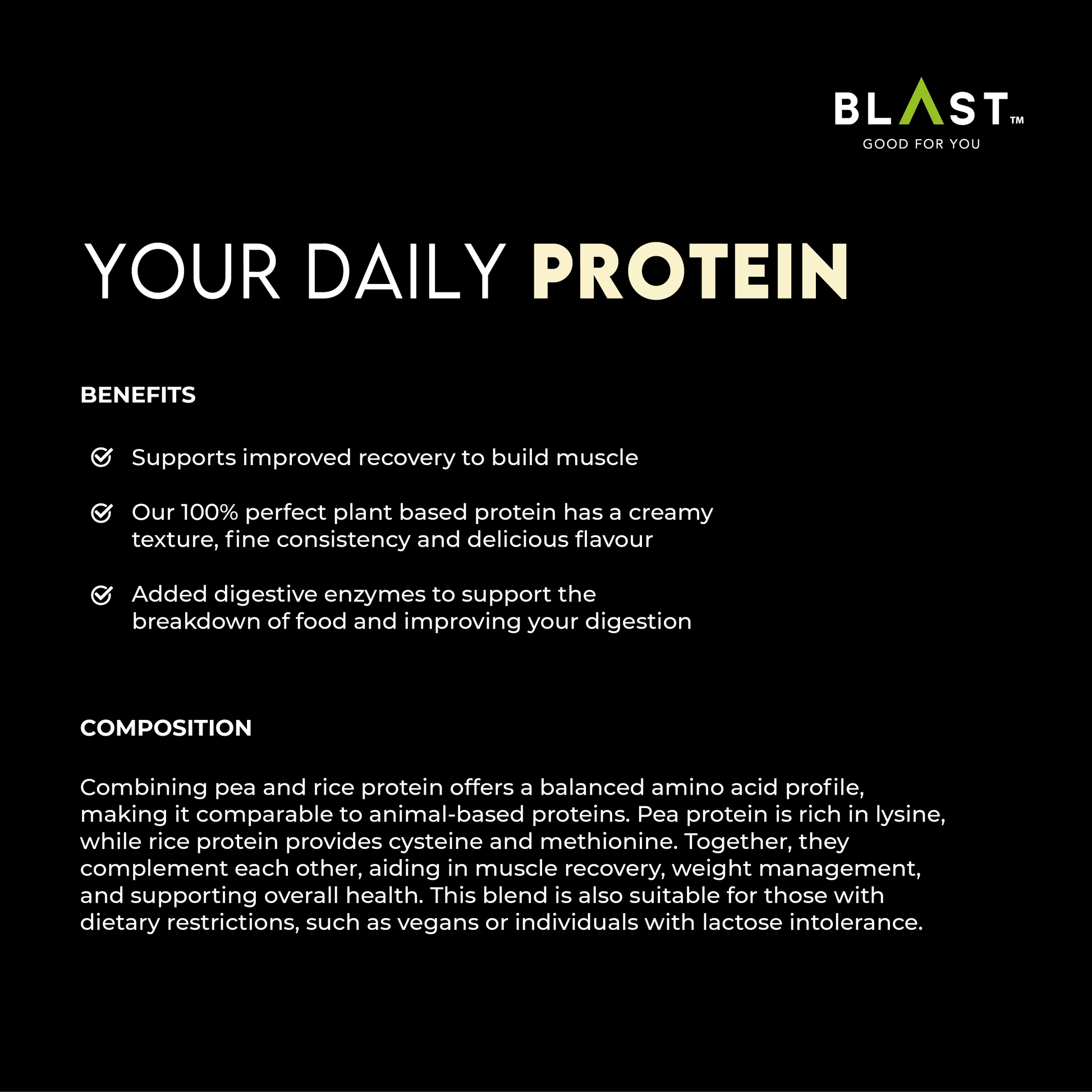 Marketing content for a plant-based protein supplement showing benefits and composition details.