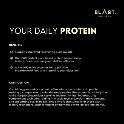 Marketing content for a plant-based protein supplement showing benefits and composition details.