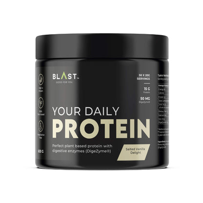 Black protein powder container with ’Your Daily Protein’ text on the label.