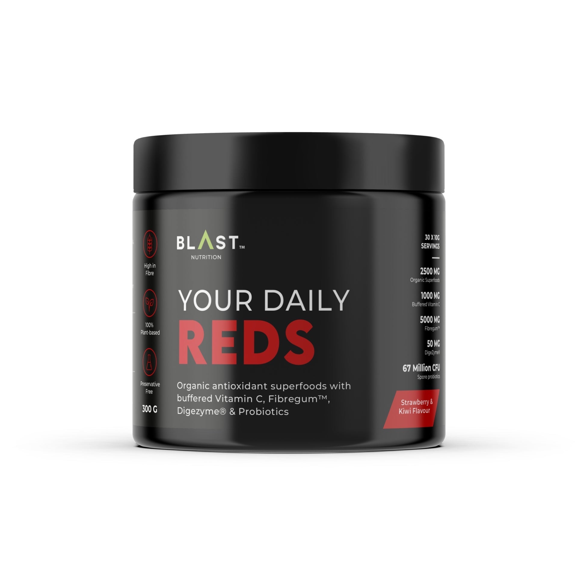 Black container of ’Your Daily Reds’ superfood supplement powder from BLAST.