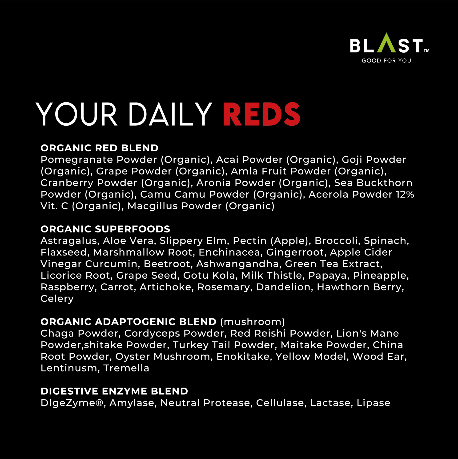 Product label showing ingredients for ’Your Daily Reds’ organic supplement blend.