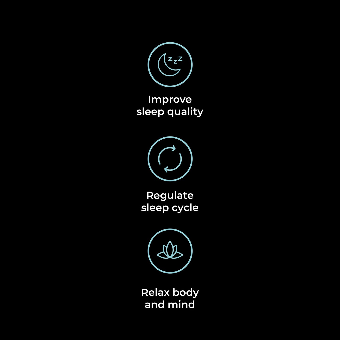 Three circular icons with text showing sleep and relaxation benefits, displayed vertically in turquoise on black.