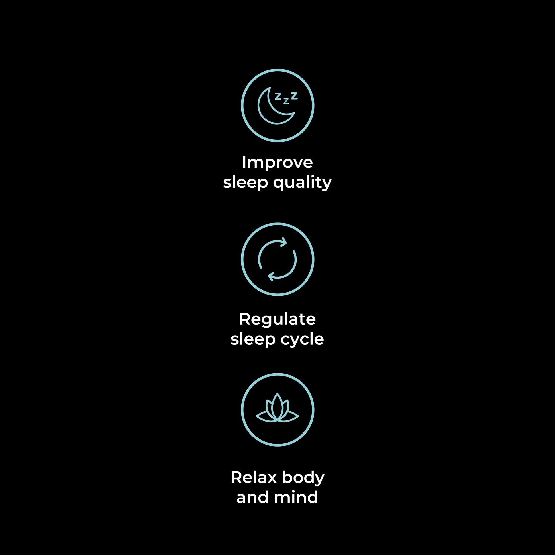 Three circular icons with text showing sleep and relaxation benefits, displayed vertically in turquoise on black.