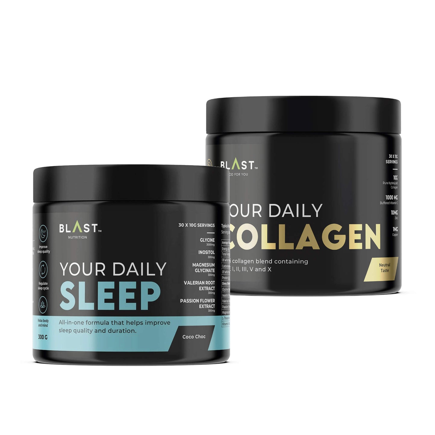 Two black supplement containers labeled ’Your Daily Sleep’ and ’Your Daily Collagen’ from BLAST.