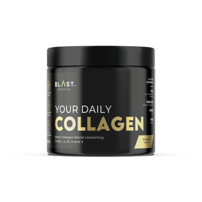 Black container of ’Your Daily Collagen’ supplement powder by BLAST.