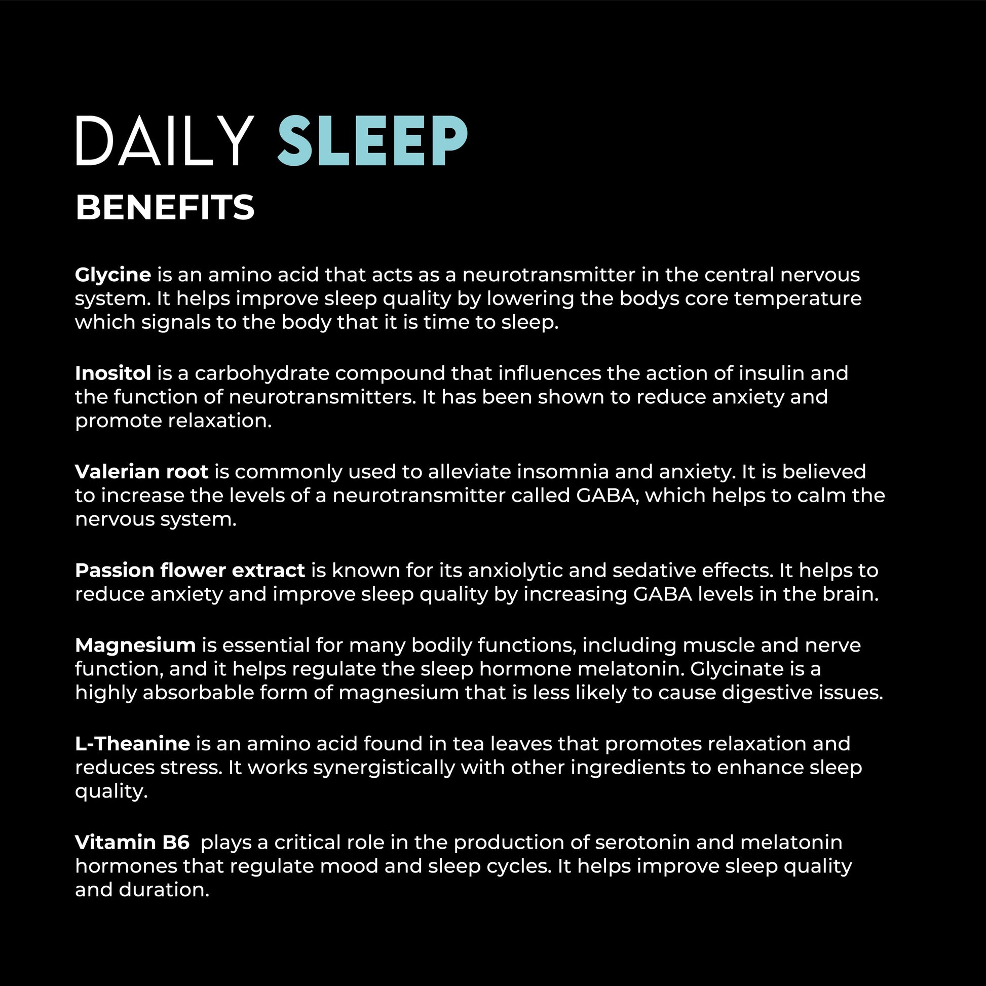 Informational text listing daily sleep benefits and natural ingredients that promote better sleep.