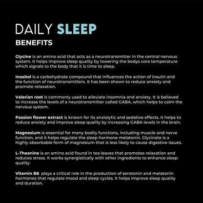 Informational text listing daily sleep benefits and natural ingredients that promote better sleep.