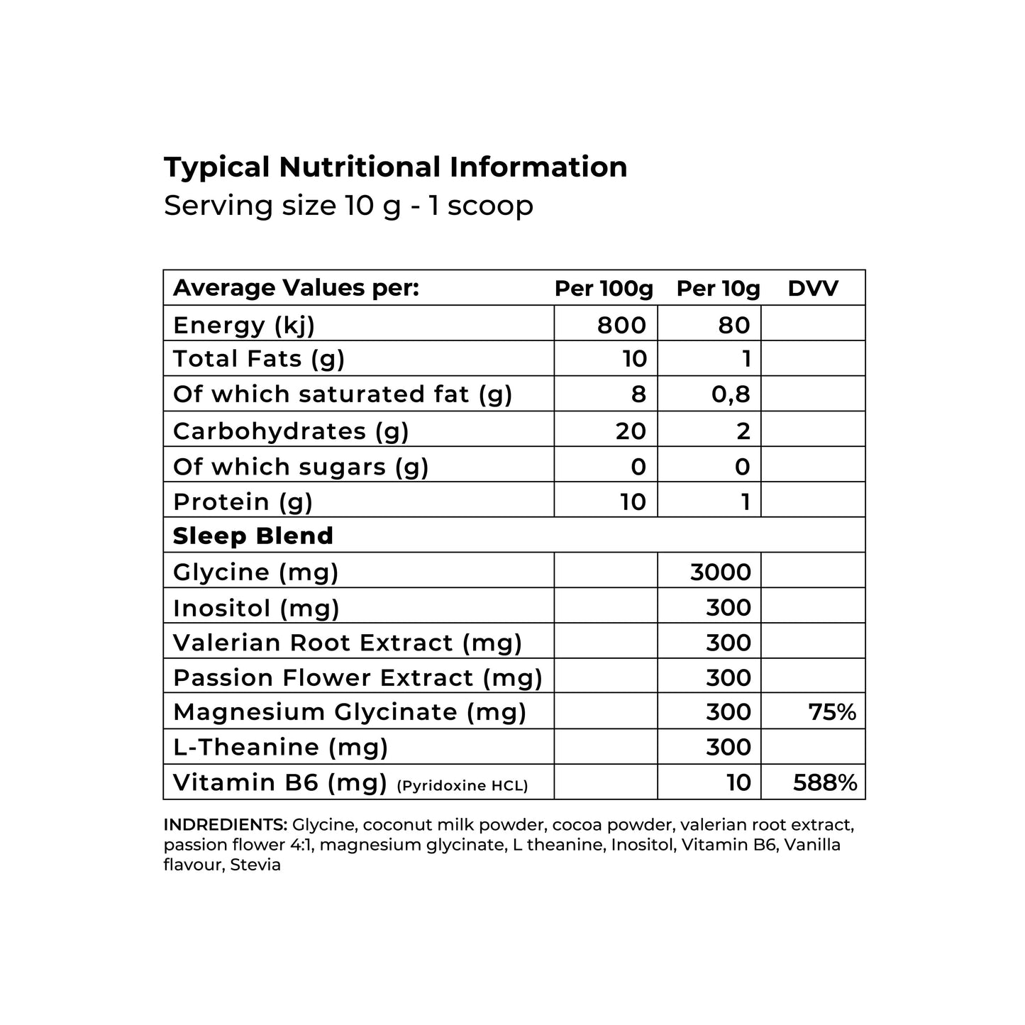 Nutritional information table showing values and ingredients for a sleep supplement blend.