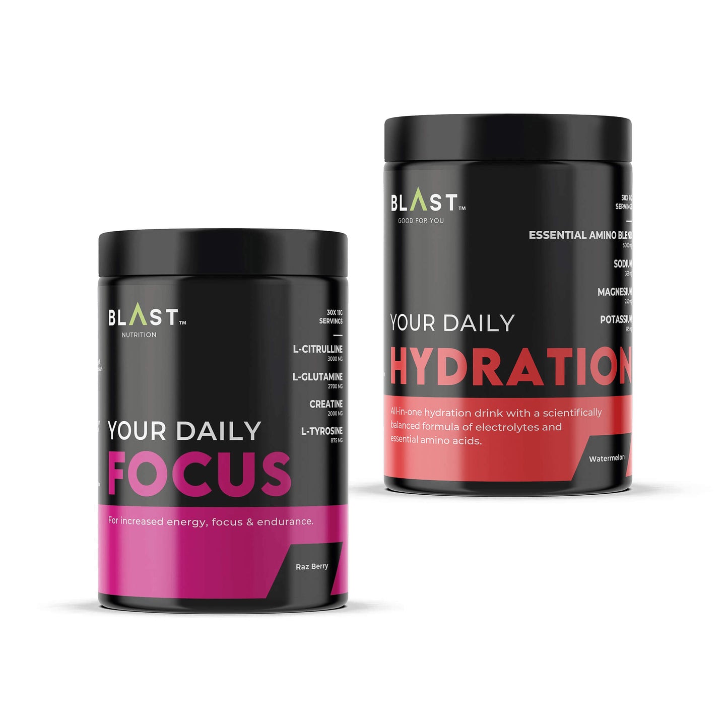 Two black supplement containers labeled ’Your Daily Focus’ and ’Your Daily Hydration’ from the Blast brand.