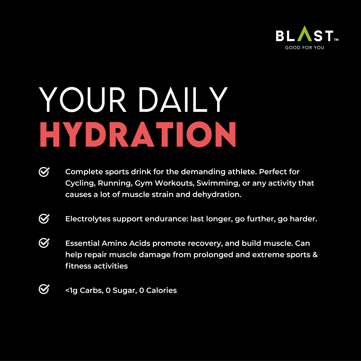 Marketing graphic for a sports hydration drink product called ’Your Daily Hydration’ with bullet points about its benefits.