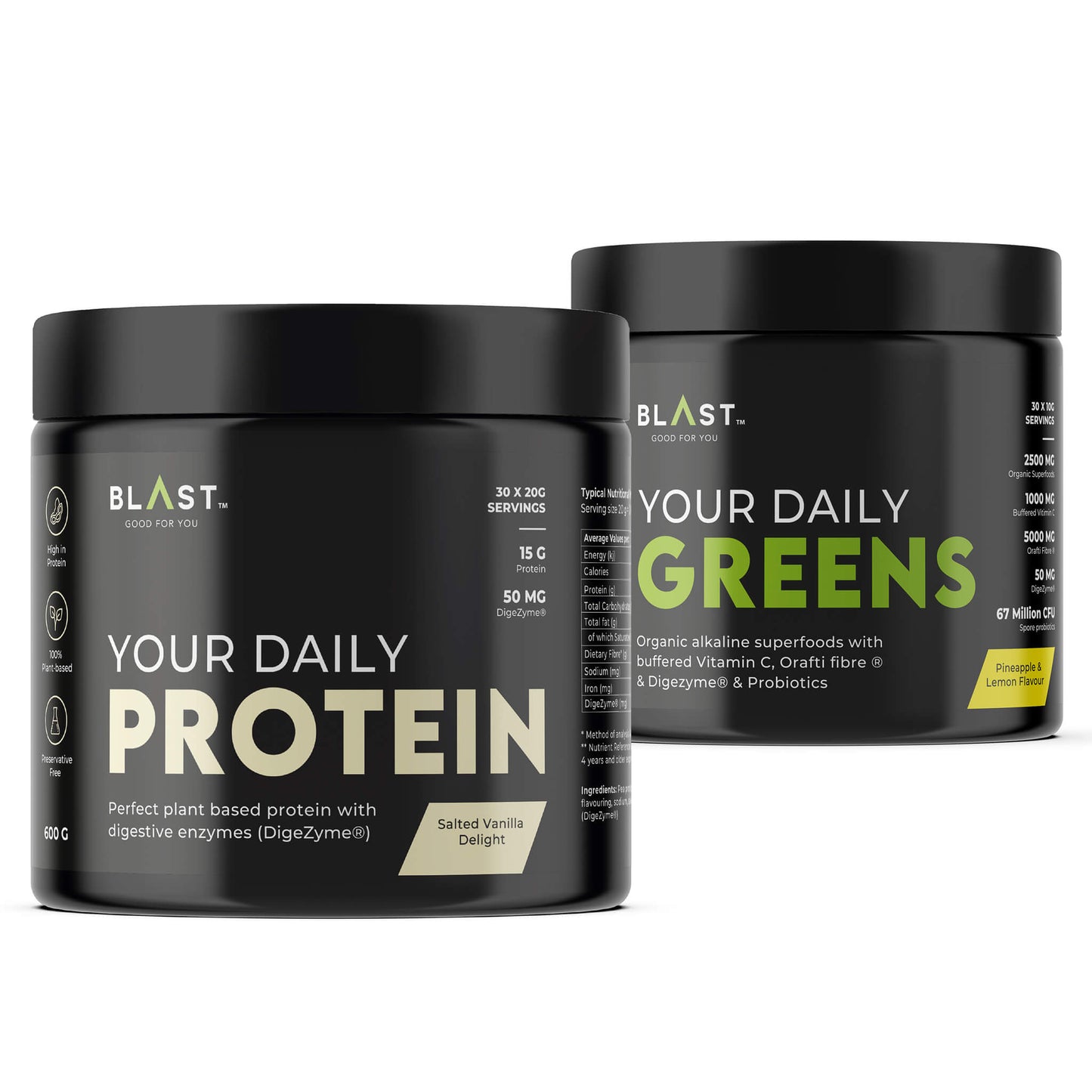 Two black containers of BLAST brand protein and greens supplements.