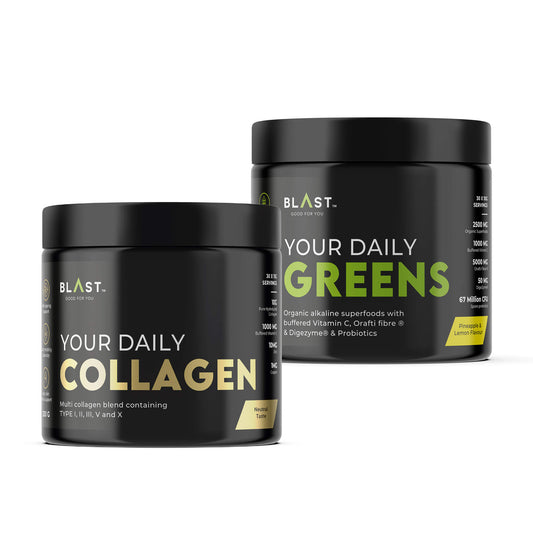 Two black supplement containers labeled ’Your Daily Collagen’ and ’Your Daily Greens’ from BLAST.