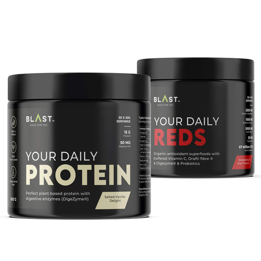 Two black supplement containers labeled ’Your Daily Protein’ and ’Your Daily Reds’ from the BLAST brand.