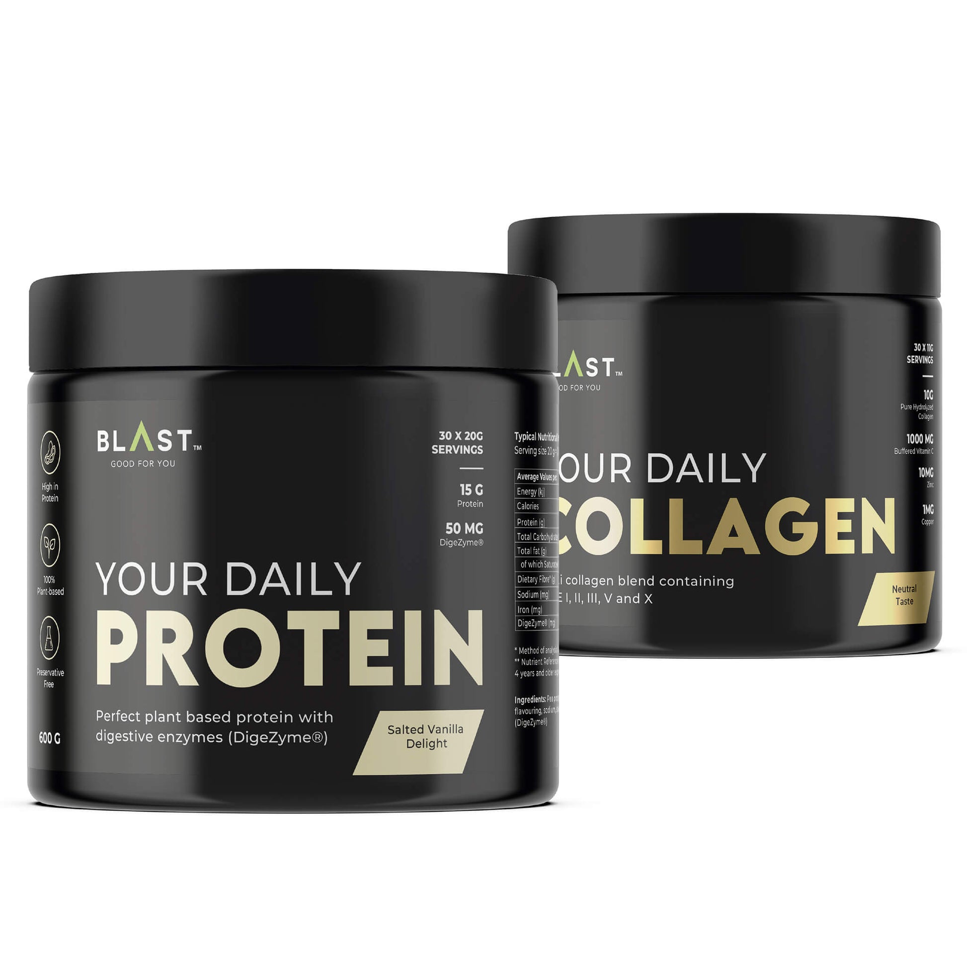 Two black containers of Blast brand protein and collagen supplements.