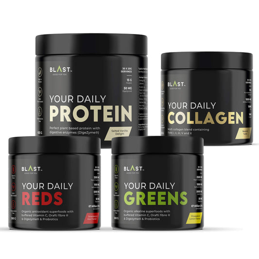 Four black supplement containers labeled ’Your Daily Protein,’ ’Your Daily Collagen,’ ’Your Daily Reds,’ and ’Your Daily Greens.’