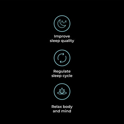 Three circular icons with text showing sleep and relaxation benefits, displayed vertically in turquoise on black.