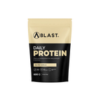 Blast Protein powder package with plant based protein branding on a white background